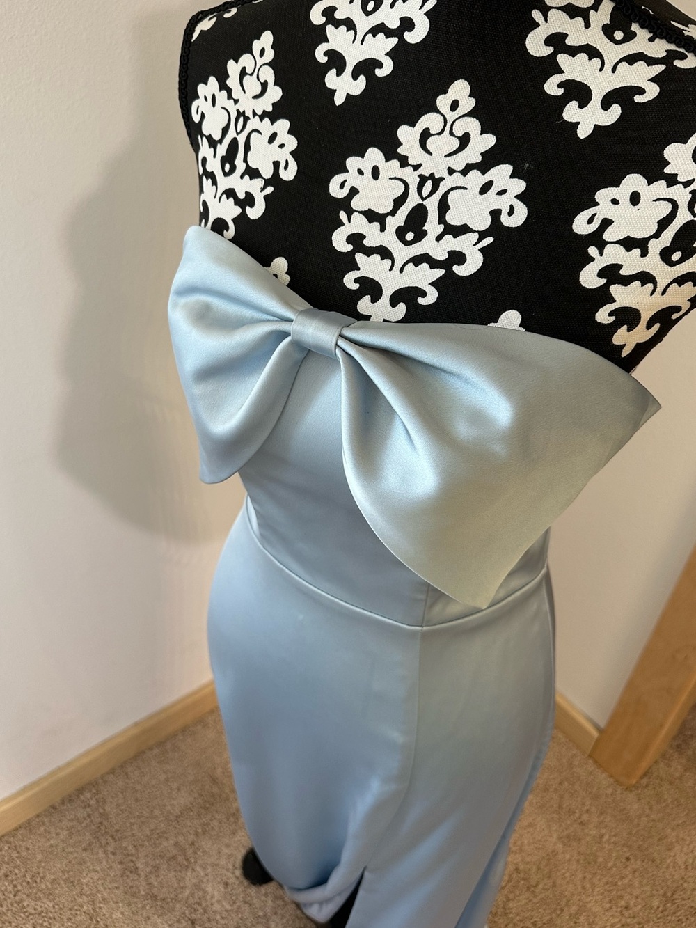 Revelry Strapless Satin Evening Gown in Sky Blue with Front Slit - Picture 3 of 4